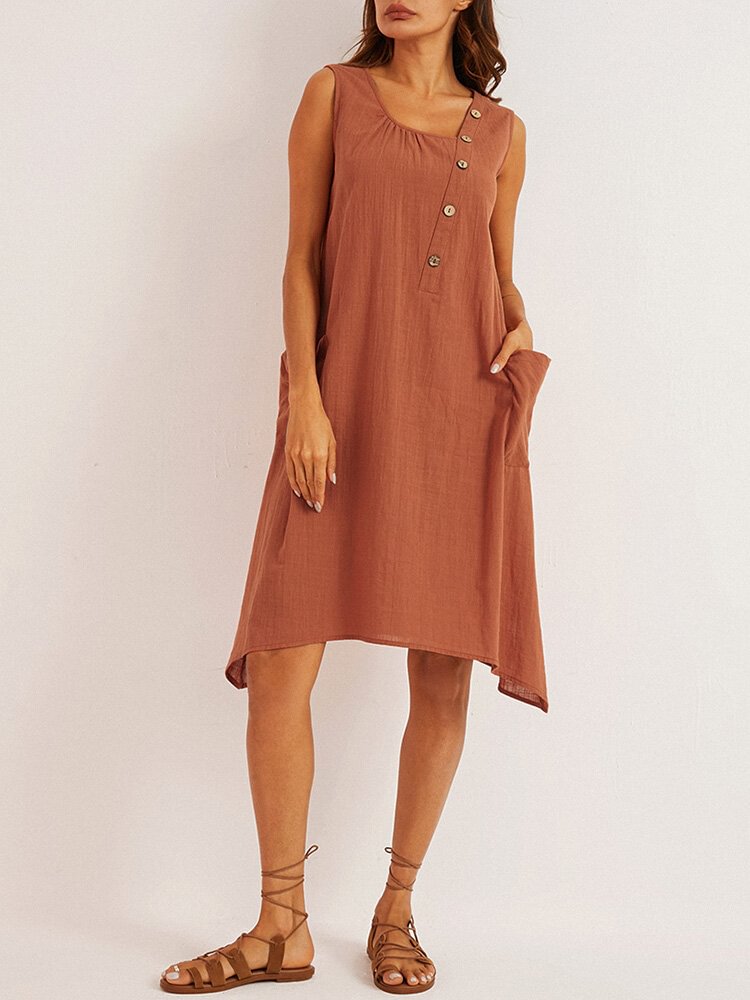Solid Color Sleeveless Button Irregular Dress For Women - BlackFridayBuys