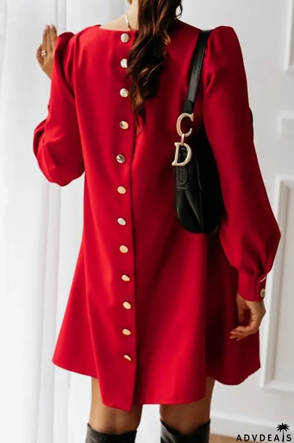 Back Button Solid Color Midi Dress