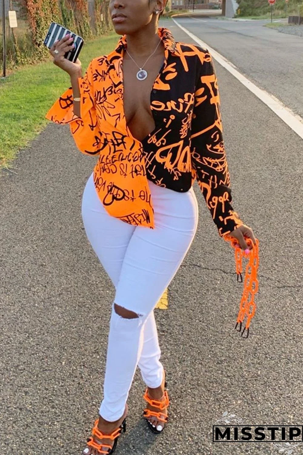 Orange Sexy Graffiti Print Long Sleeve V-Neck Shirt