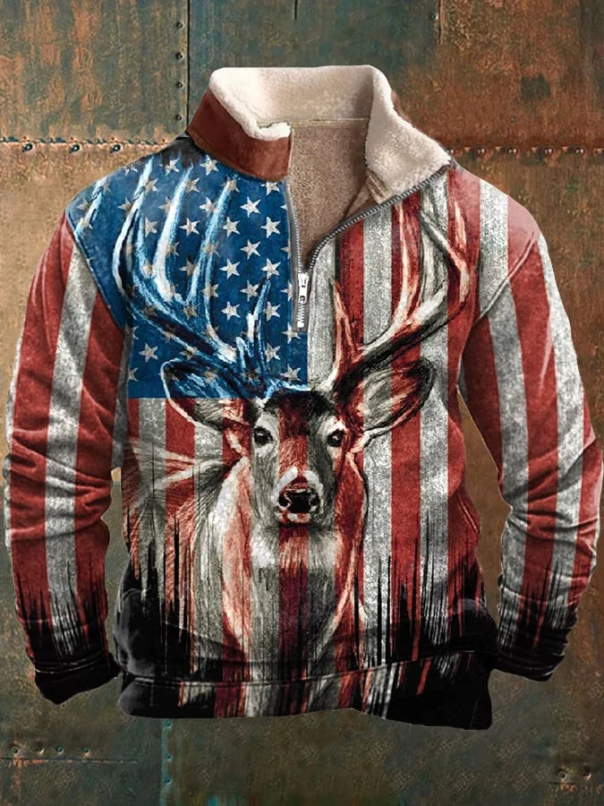 Men's Vintage American Flag Deer Print Casual Sweatshirt