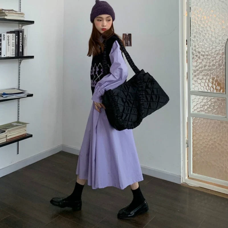 Women Sets Printed V-neck Vests High Waist Loose Turn-down Collar Single Breasted Mid-calf Purple Dress Sweet Student Lovely Ins