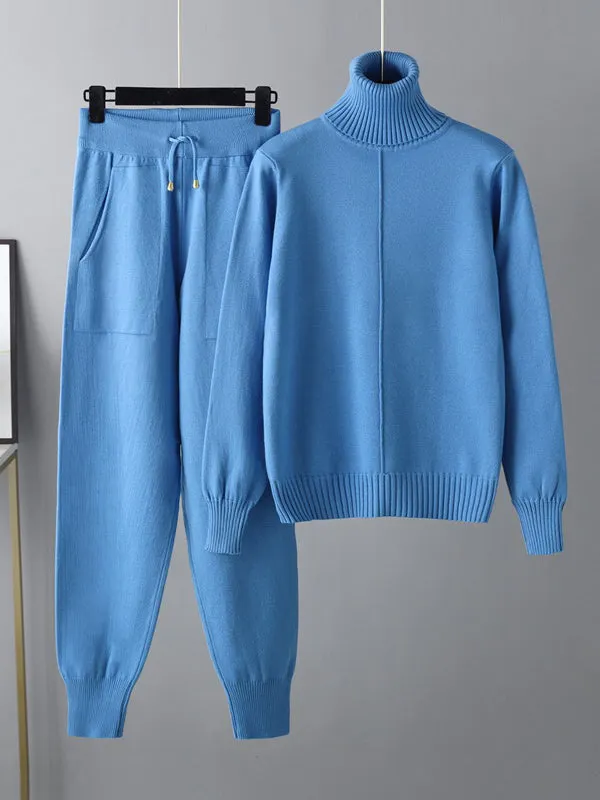 Casual Solid Long Sleeves High-Neck Sweater Tops & Drawstring Wide Leg Pants Suits
