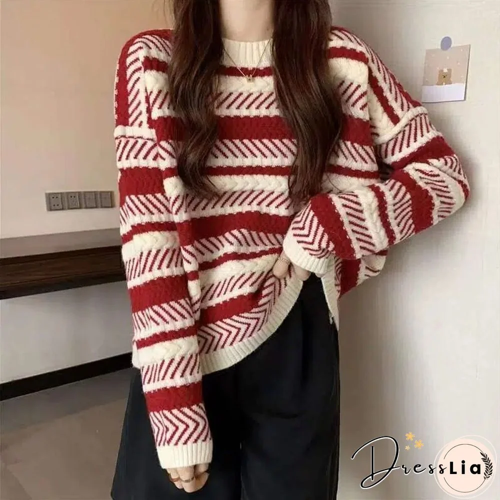 Korean Striped Sweet Knitted Sweaters Women Fashion Harajuku Autumn Winter Lazy Wind Y2k Pullovers Casual All-match Tops