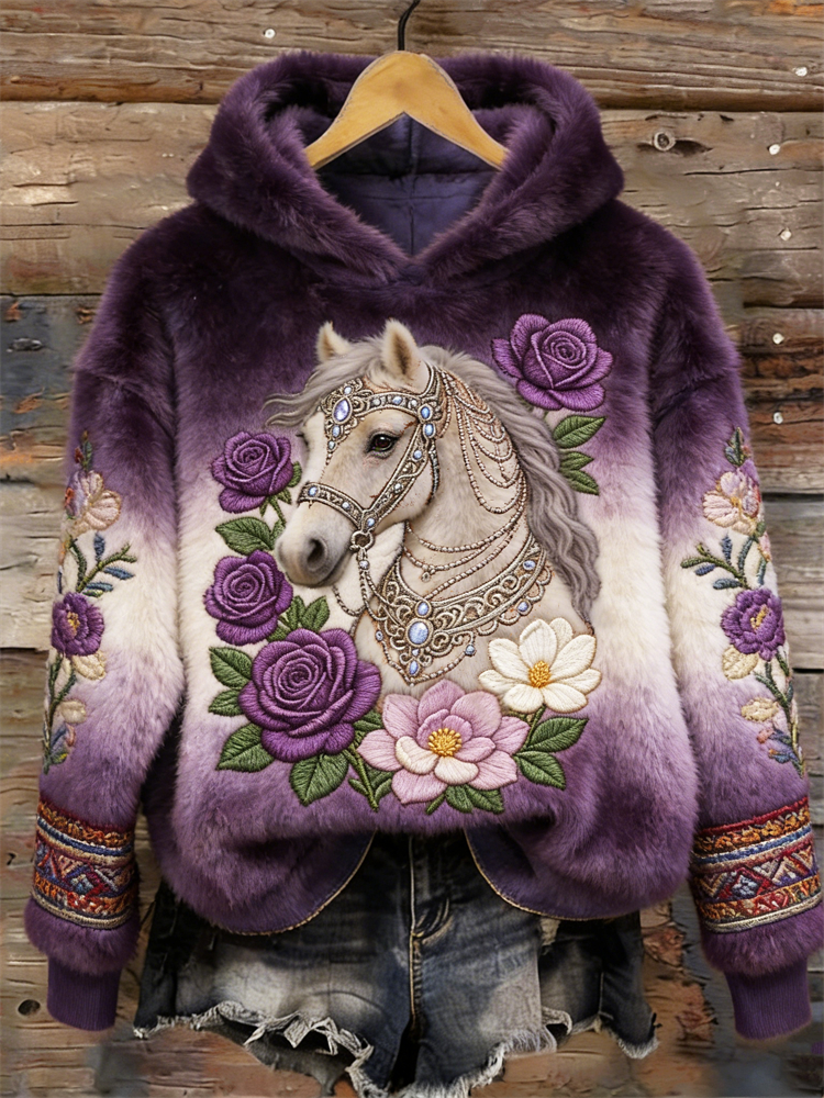 Classy Horse Roses Floral Embroidered Cozy Plush Hoodie wearshes