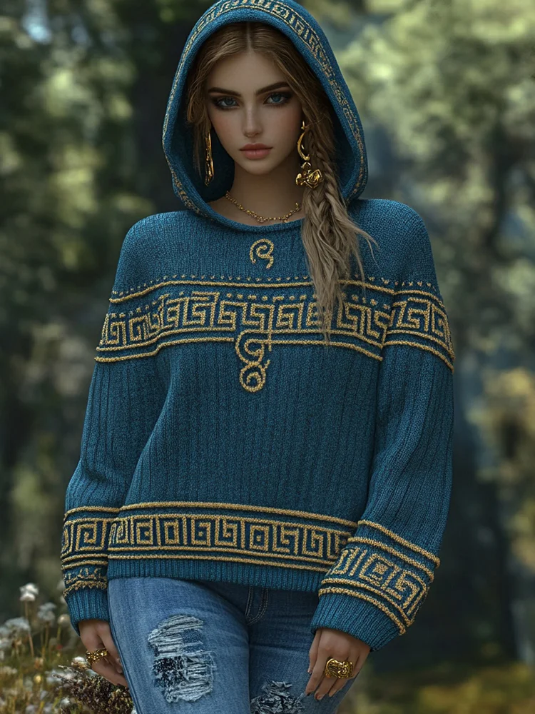 Vintage Greek Key Cozy Knit Hooded Sweater