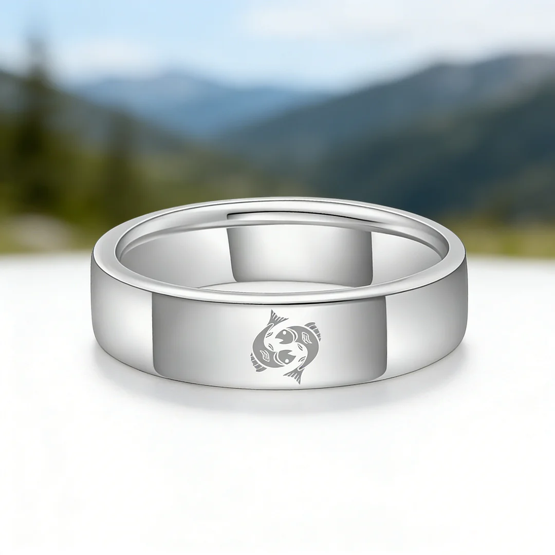 Pisces Tungsten Carbide Rings Sliver Flat Wedding Bands Comfort Fit Mens and Womens 4MM 6MM 8MM Width