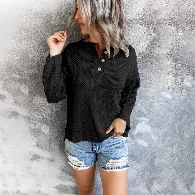Graduation Gifts  Long Sleeve Casual Loose Knit Sweater Round Neck Single Breasted  Soild Color Simple Clothing Warm Top