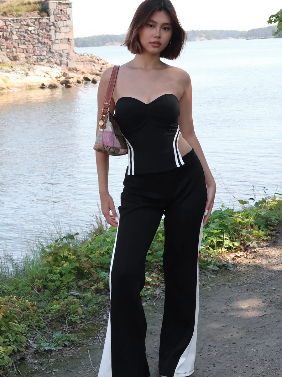 Uveng Uveng Has G24PT164 Women's Autumn New Bump Color Arc Splicing Elastic Straight Casual Flared Trousers