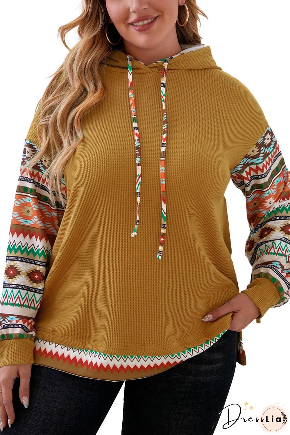 Aztec Patchwork Camel Hooded Waffle Plus Size Hoodie