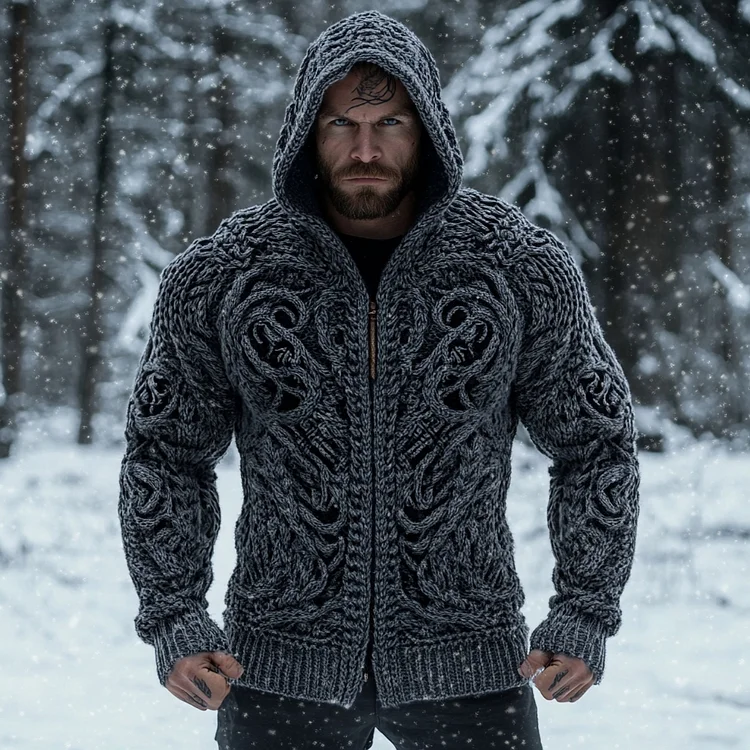 VChics Viking Chunky Knit Jacquard Zip-up Hooded Sweater