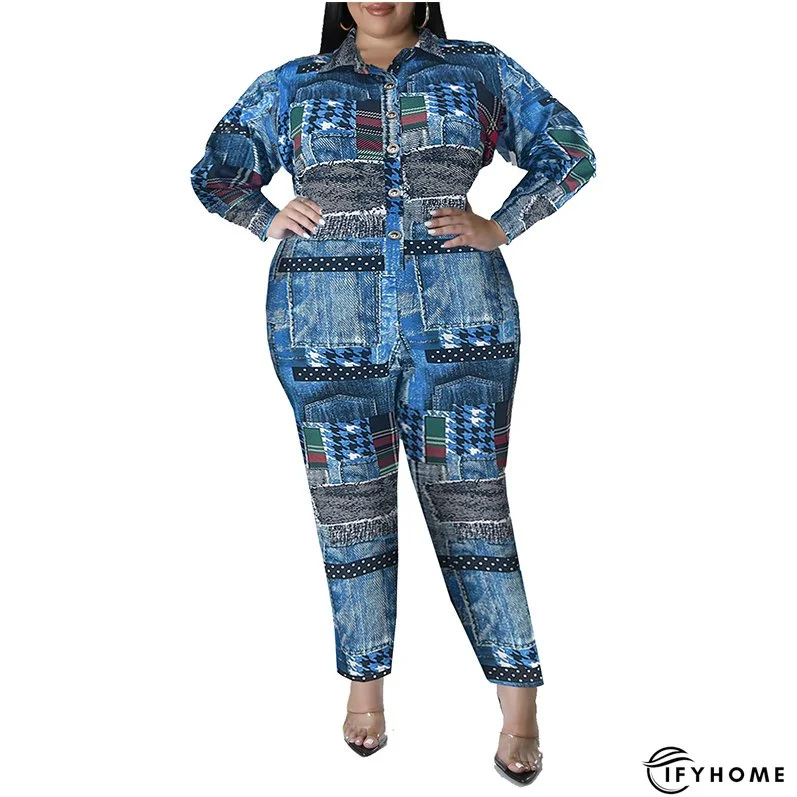 Plus Size Women's Fall Print Long Sleeve Jumpsuit | IFYHOME