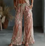 Women's Spring Floral Embroidered Art Print Flowy Linen Blend Casual Pants - Image 2