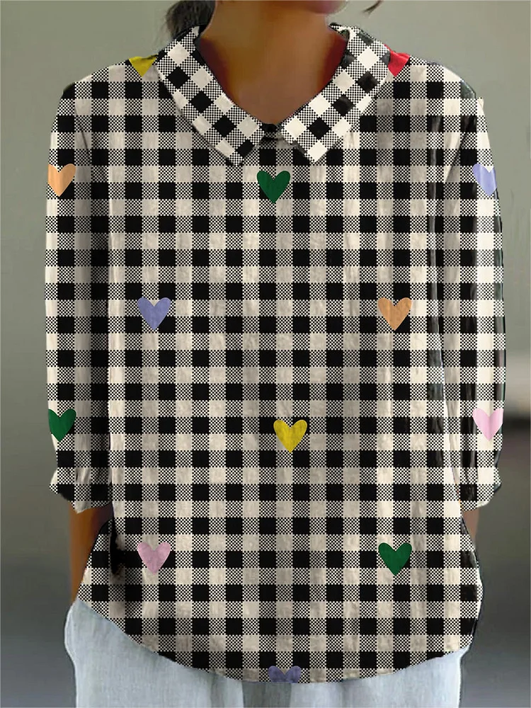 Retro Heart And Plaid Pattern Printed Women's Casual Cotton And Linen 3/4 Sleeve Shirt