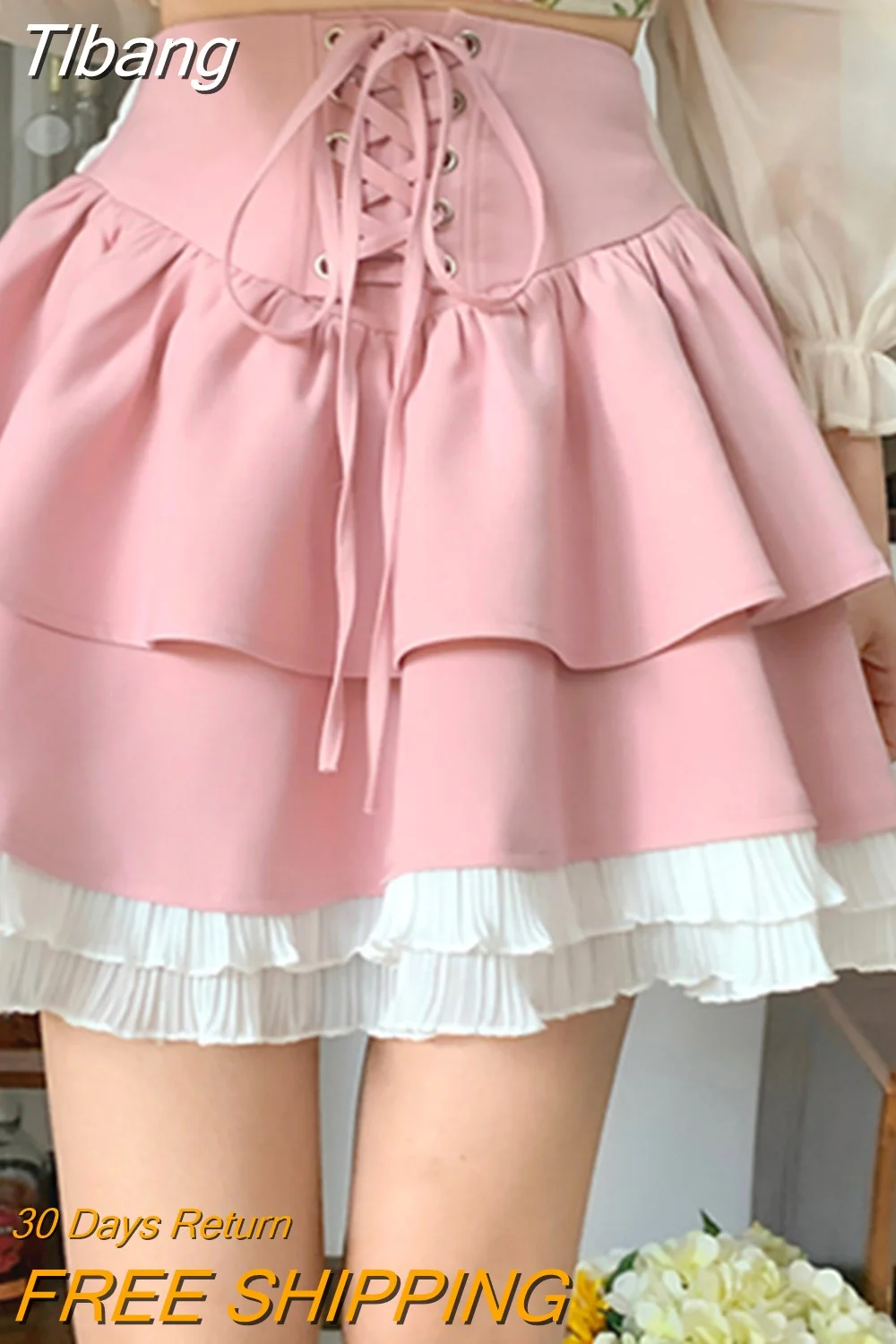 Tlbang Pink Kawaii Mini Skrts Women Lace Patchwork Korean Fashion Party Skirt Female Casual Chic Designer Bandage Skirts 2023