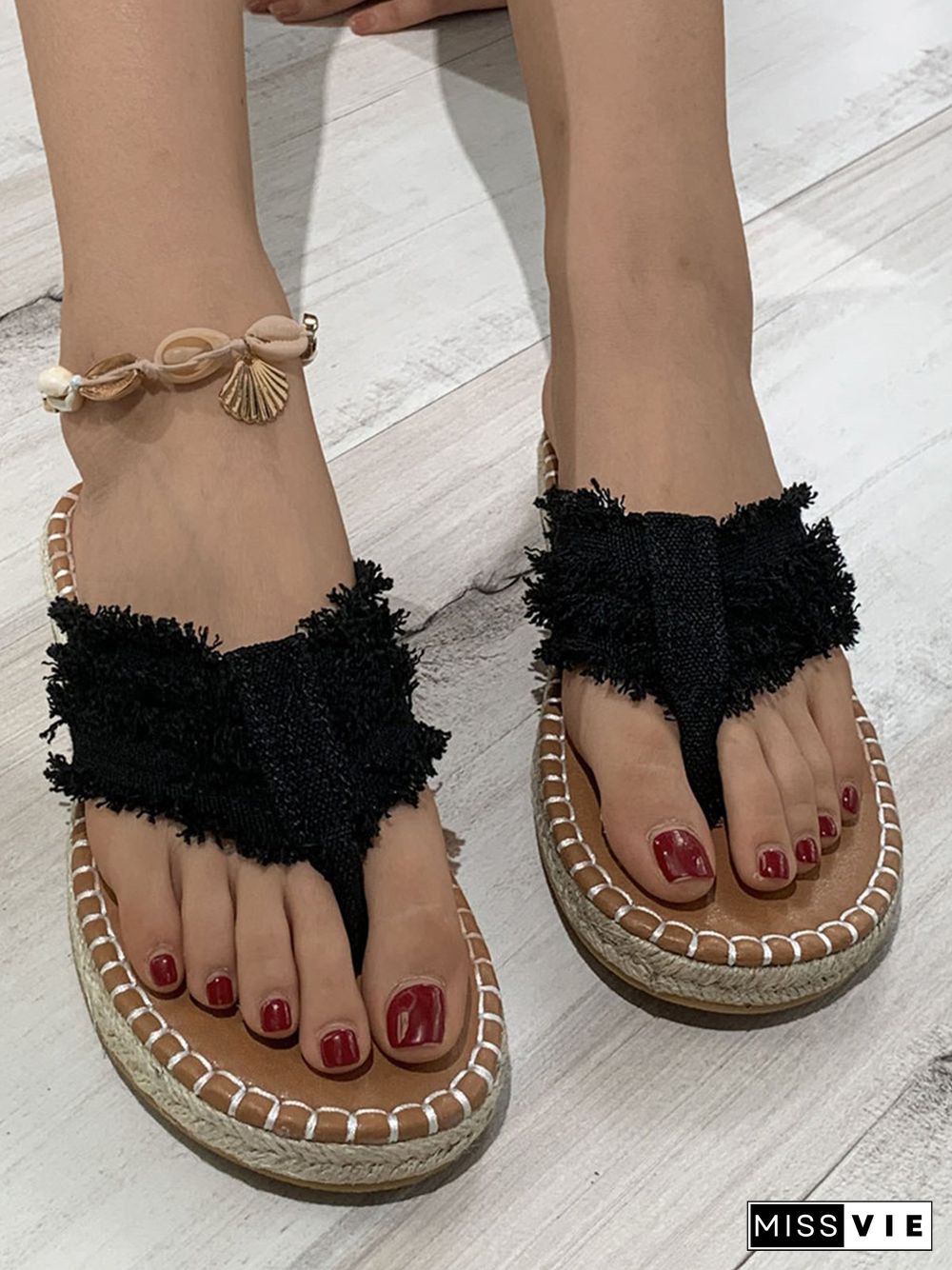 Distressed Denim Fringe Straw Bottom Flip Flops