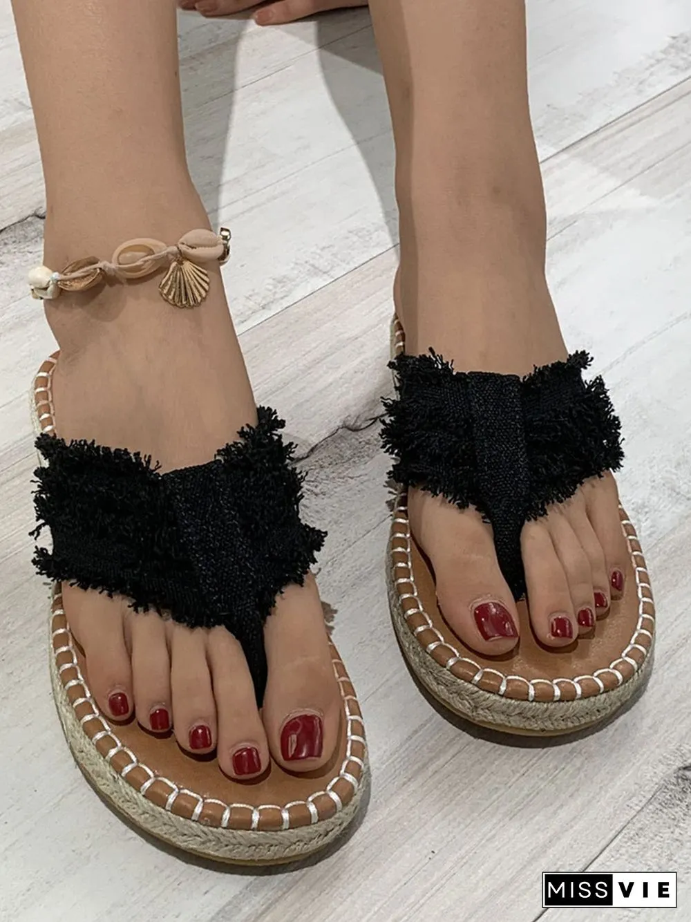 Distressed Denim Fringe Straw Bottom Flip Flops