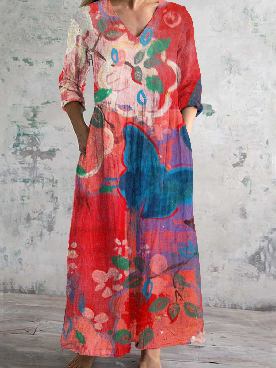 Women's V-neck Floral Butterfly Art Print Cotton and Linen Pocket Dress