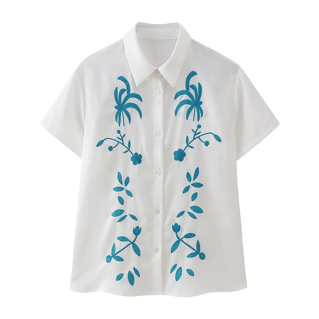 Woherb Woherb Spring / Summer Holiday Wind New Women's Cotton And Linen Embroidered Short Sleeve Shirt Drawn Rope Shorts Two Sets-Outfit Ideas