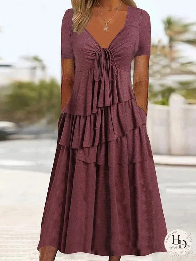 Casual Dress Summer Dress Pleated Dress Plain Lace up Ruched V Neck Midi Dress Fashion Basic Outdoor Daily Short Sleeve Slim Pink Wine Green Summer Spring S M L XL XXL for Women