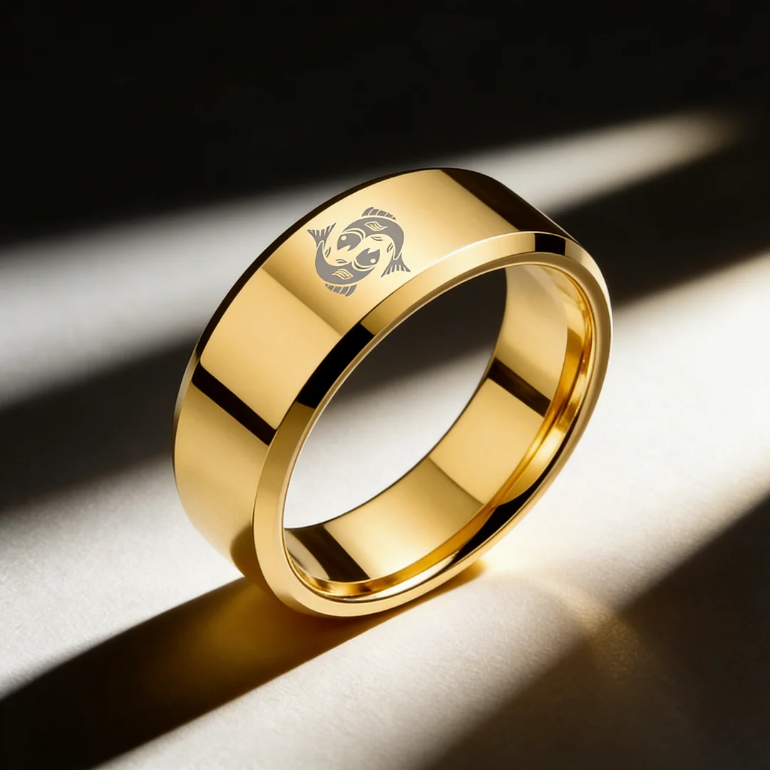 Mens Womens Gold Pisces Tungsten Carbide Bands Gold Edges and Laser Etched Wedding Rings Comfort Fit 4MM 6MM 8MM