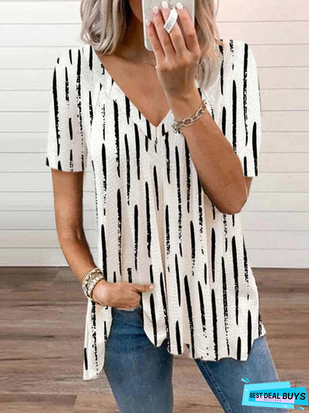 Loosen V Neck Striped Short Sleeve T-Shirt