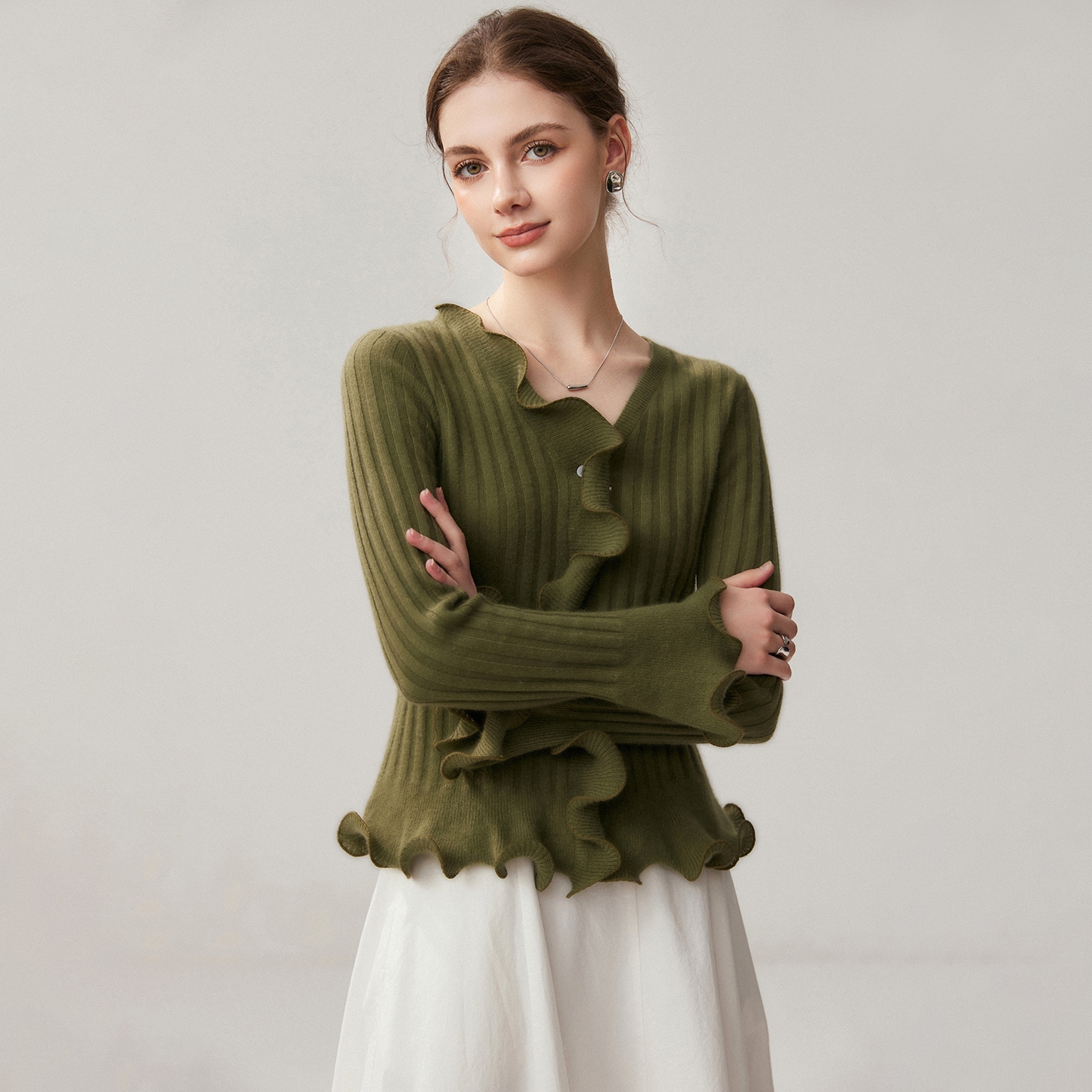 Women's Baby Cashmere Cardigan Slim Fit Flared-Cuff V-Neck REAL SILK LIFE