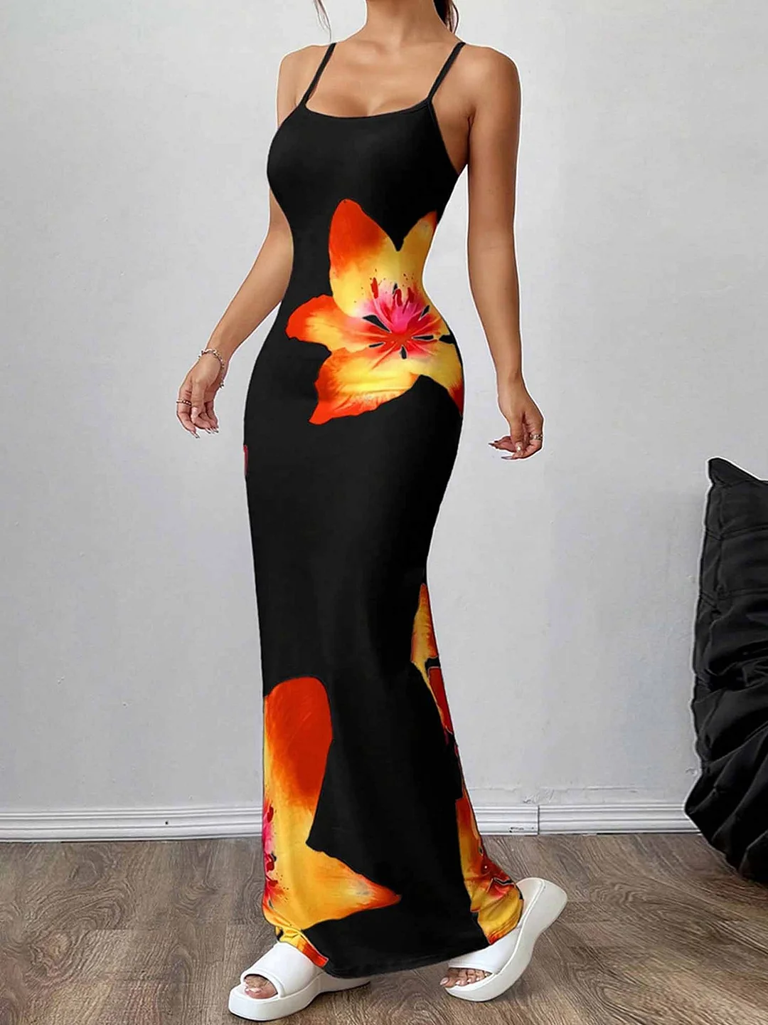 Women's Floral Maxi Dress - Sexy Party & Beach Formal Dresses With Spaghetti Straps, Black Floral Print Orange/Red/) For Evening Events, Weddings, Casual Outfits - Machine Washable Non-Stretch Fabric, Beach Wedding Dresses For Bride, Summer Fashion | IFYHOME