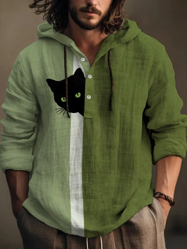 Men's Fun Hide And Seek Black Cat Print Hooded Shirt