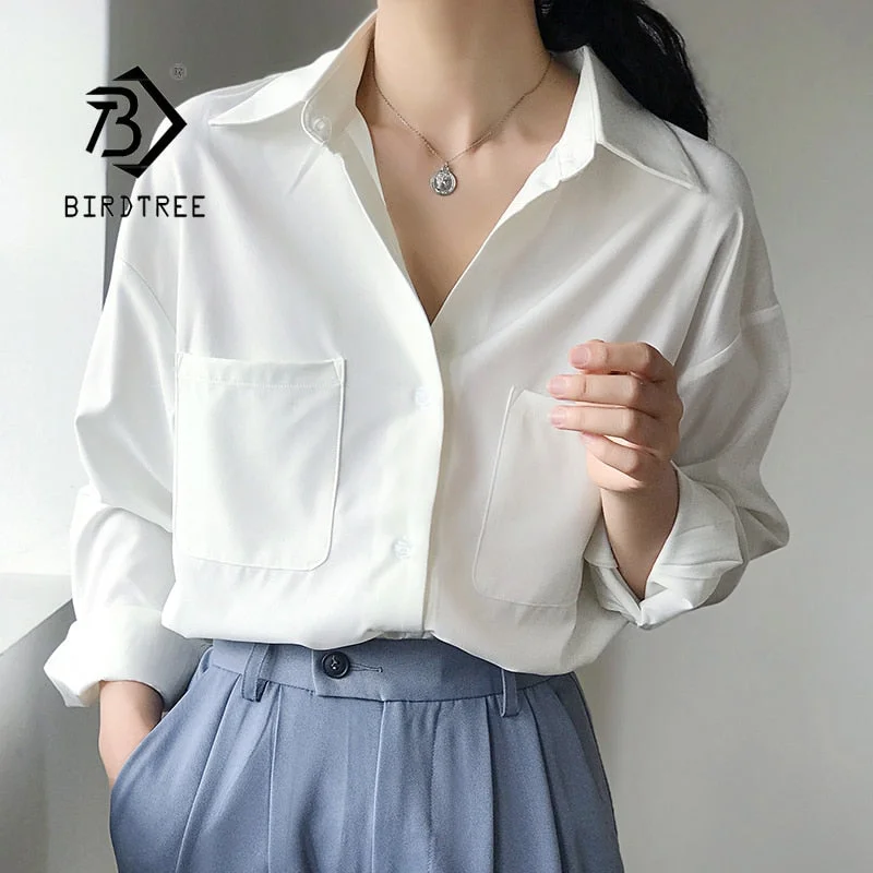 New Arrival Women Solid Turn-down Collar Chiffon Blouse Button Up Loose White Shirt Elegant Korea Style Feminina Blusa T9O906F
