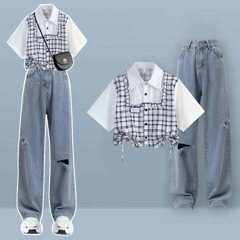 Lattice Print Drawstring Lapel T-Shirt Loose Denim Pants