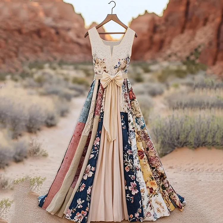 Simpfit Bequemes Nachahmung aus Baumwolle und Leinenkleid im Vintage-Stil mit Blumenmuster für Damen
