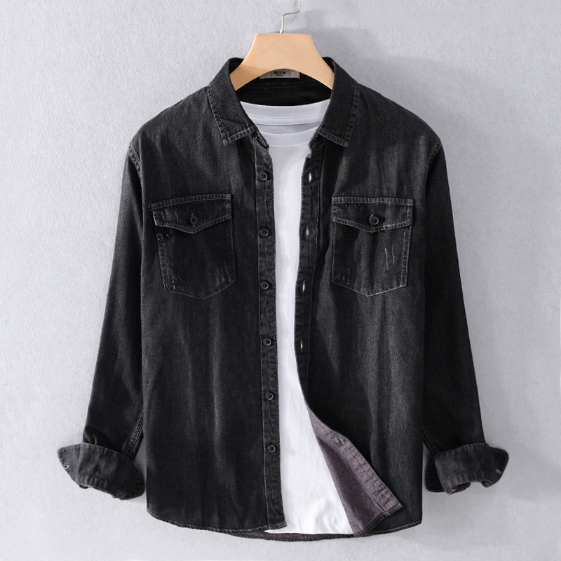 Wlntempo Black Washed Denim Shirt Men's Clothing Cotton Casual Wear Retro Distrssed Jeans Tops Long Sleeve Cargo Loose Oversize Fashion