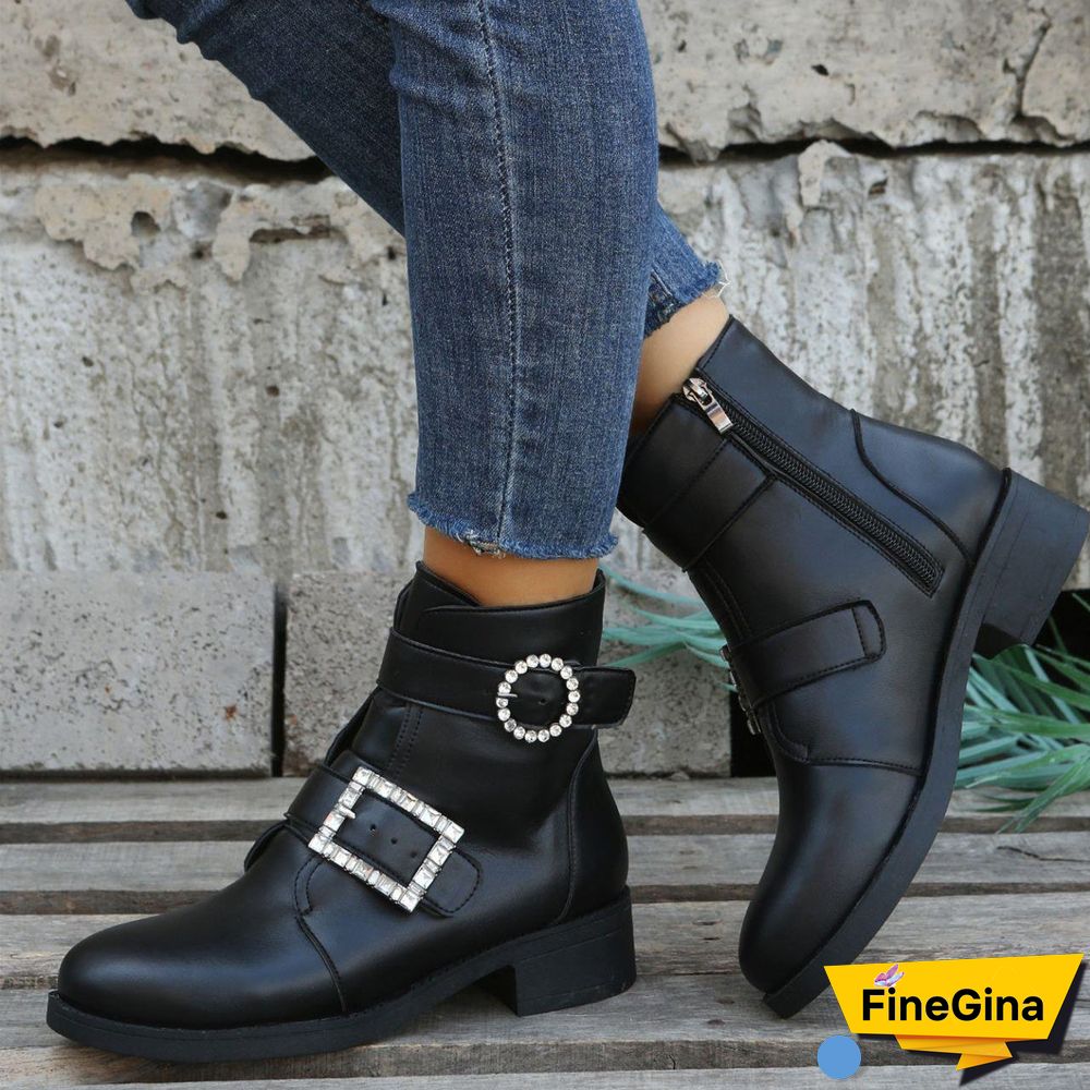 Women's Solid Color Belt Buckle Thick Heel Mid Heel Short Martin Boots