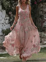 Women's Floral Roses Art Print Flowy Linen Blend Casual Tank Maxi Dress