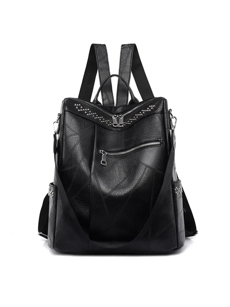 Retro Women PU Leather Knapsacks Preppy Style Solid Color Handbags (Black)