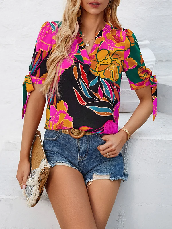 Flower Print Tied Loose Short Sleeves V-Neck Blouses&Shirts Tops