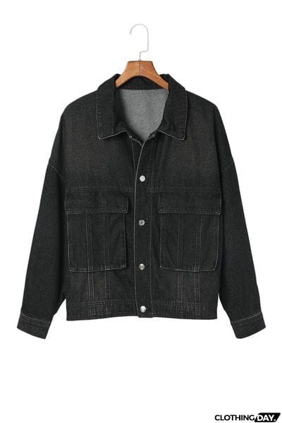 Button Up Dropped Shoulder Denim Jacket with Pockets