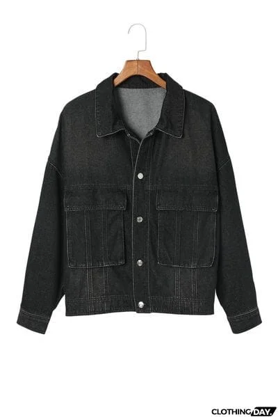 Button Up Dropped Shoulder Denim Jacket with Pockets