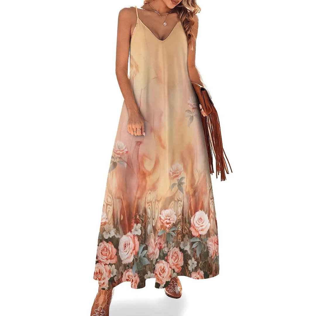 Style & Comfort for Mature Women Plus Size Printed Sling Casual Women Maxi Dress in Pattern Floral, Orange