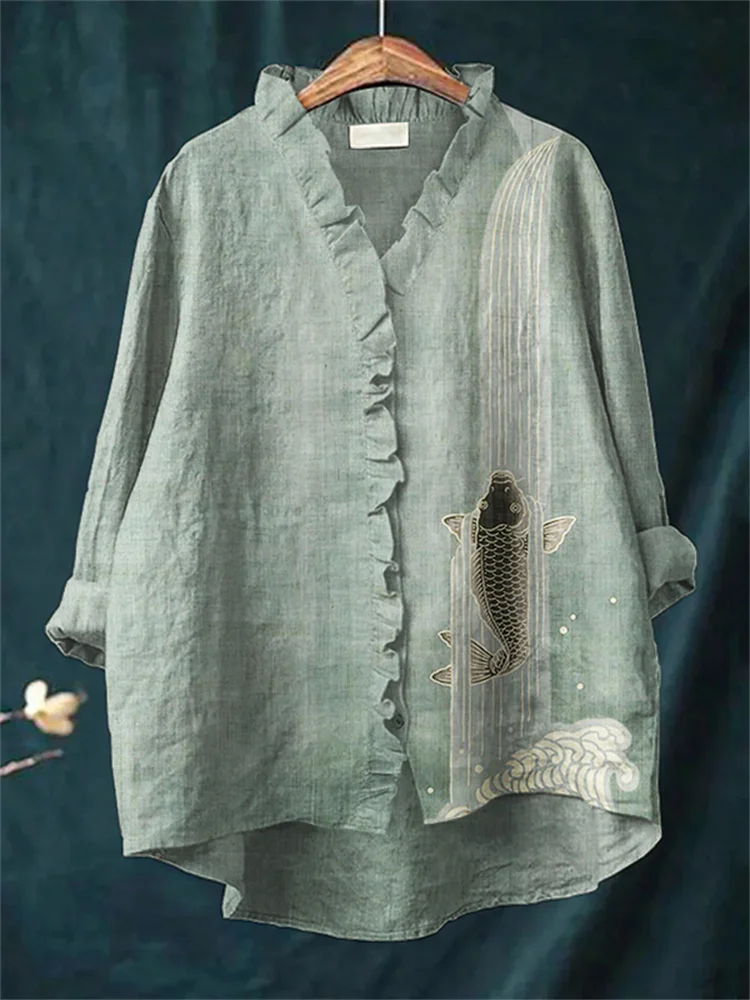 Upstream Carp Japanese Art Ruffle Trim Linen Blouse