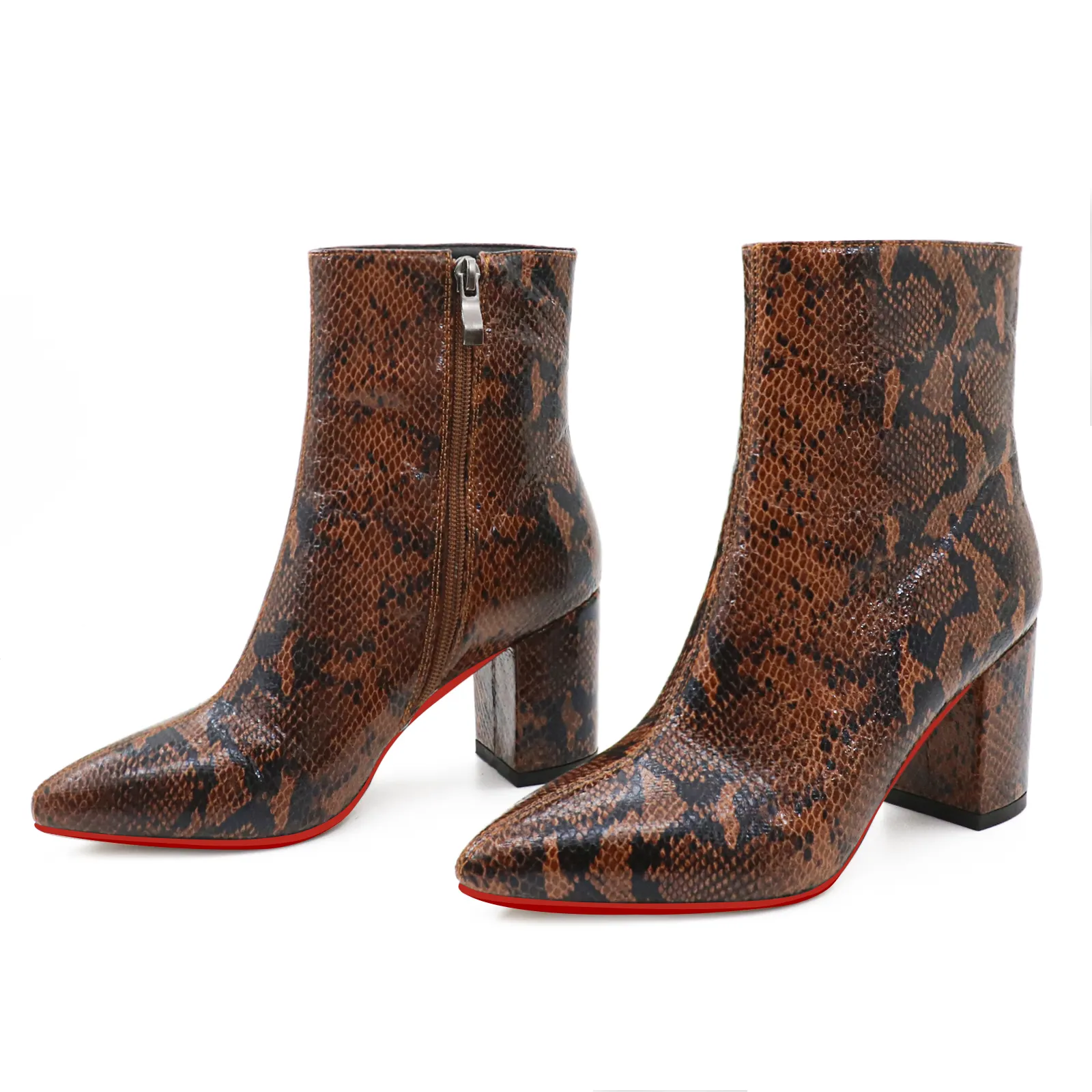75mm Women's Zipper Pointed Toe Red Bottom Chunky Heel Ankle Boots-vocosishoes