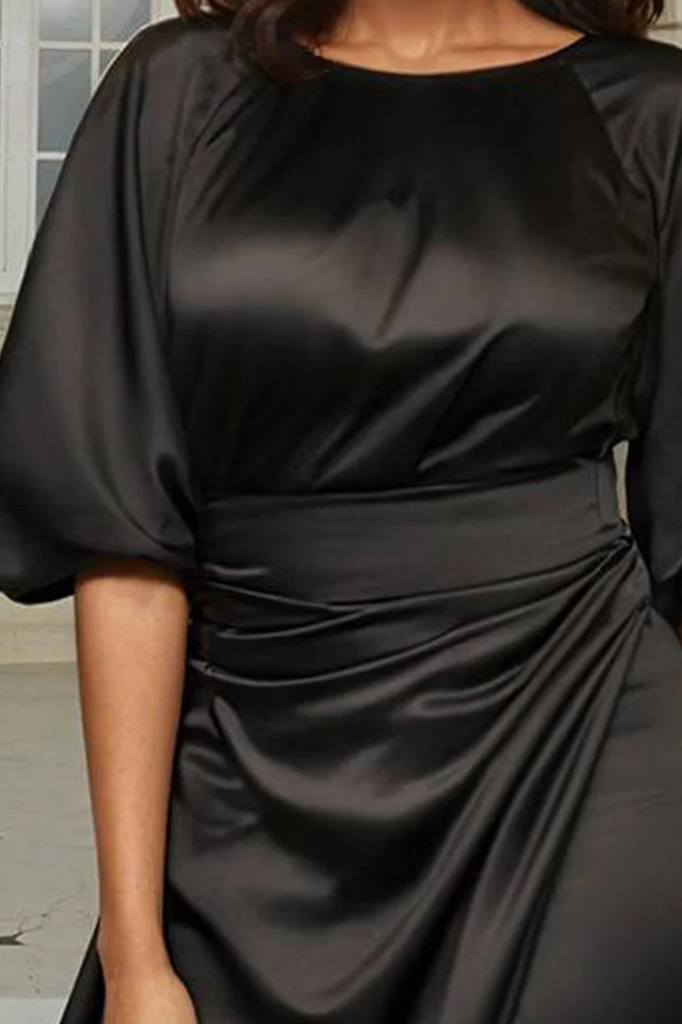 Xpluswear Design Plus Size Formal Black Round Neck Puff Sleeve Short Sleeve Split Satin Maxi Dresses