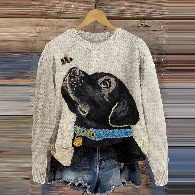 Flying Bee Kissing Cute Dog Knit Art Cozy Crew Neck Sweater