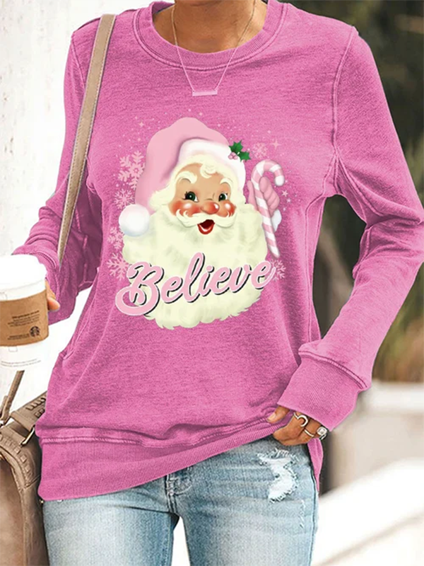 Christmas Santa Claus Believe Print Crew Neck Sweatshirt