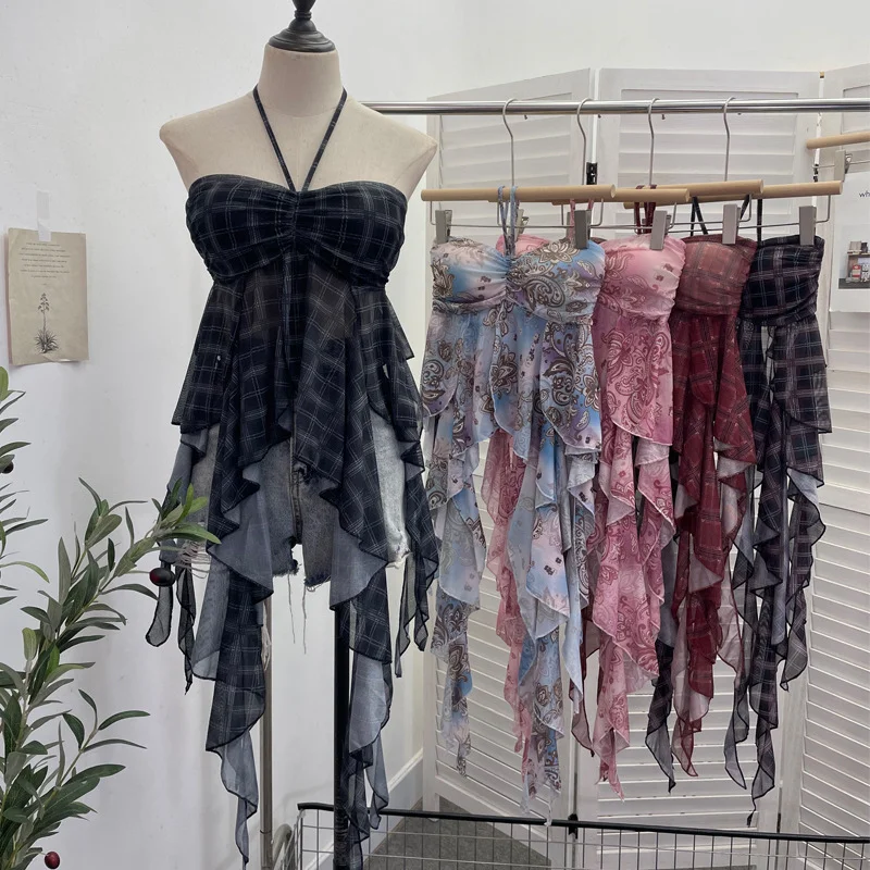 Uveng Summer Irregular Ribbon Hottie Hanging Neck Tector Screen Printing With Chest Pad Short Sling Vest 6668