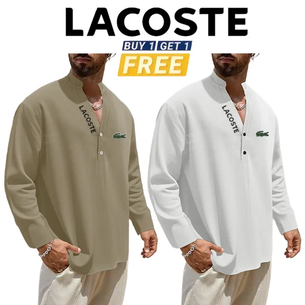 LACOSTE nov&yacute; lněn&yacute; top s dlouh&yacute;m ruk&aacute;vem a stoj&aacute;čkem z roku 2025