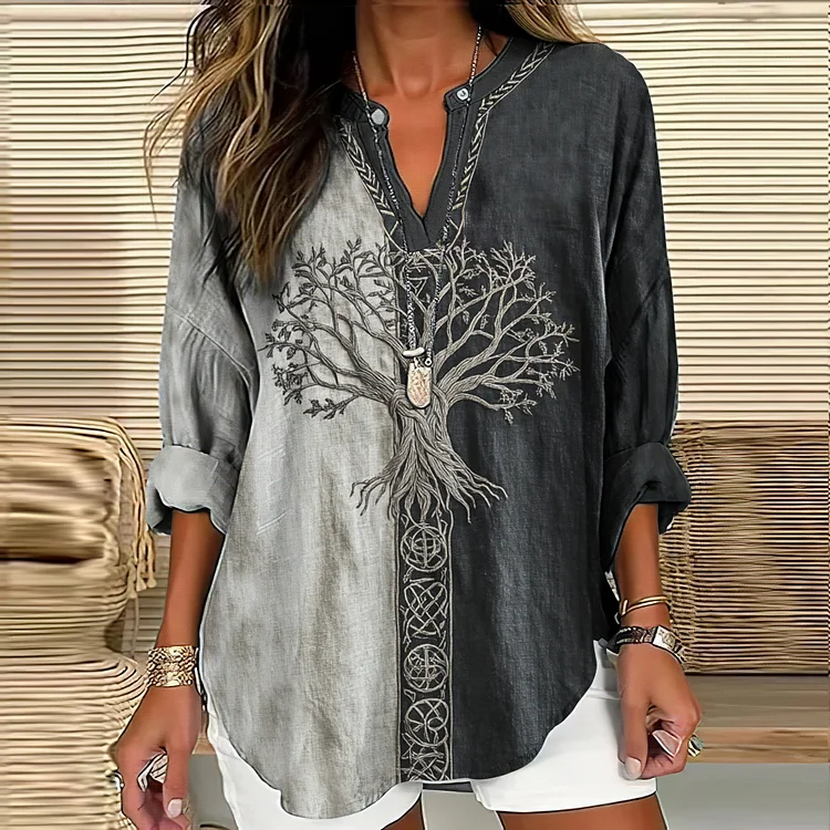 Women's Viking Life Of Tree Art  Linen Print Casual Shirt