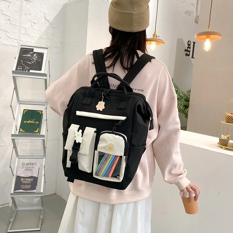 New Cute Donuts Women Backpack Female Ring Buckle Big Schoolbag Transparent Multi-pockets Travel Bag for Teenage Girls Backpacks