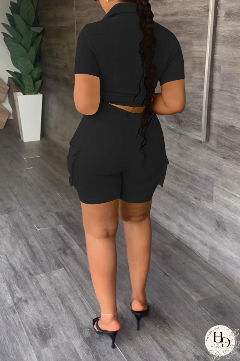 Khaki Casual Solid Bandage Patchwork Pocket Buckle Turndown Collar Short Sleeve Two Pieces