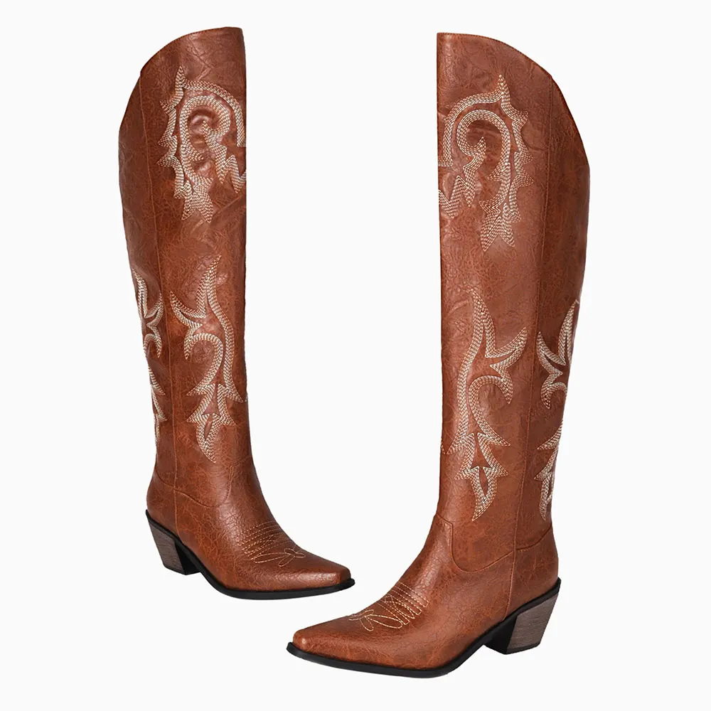 Women's Brown Block Heel Embroidered Knee High Cowgirl Boots